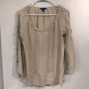 Apt9 tan top. Open shoulder on full arms.